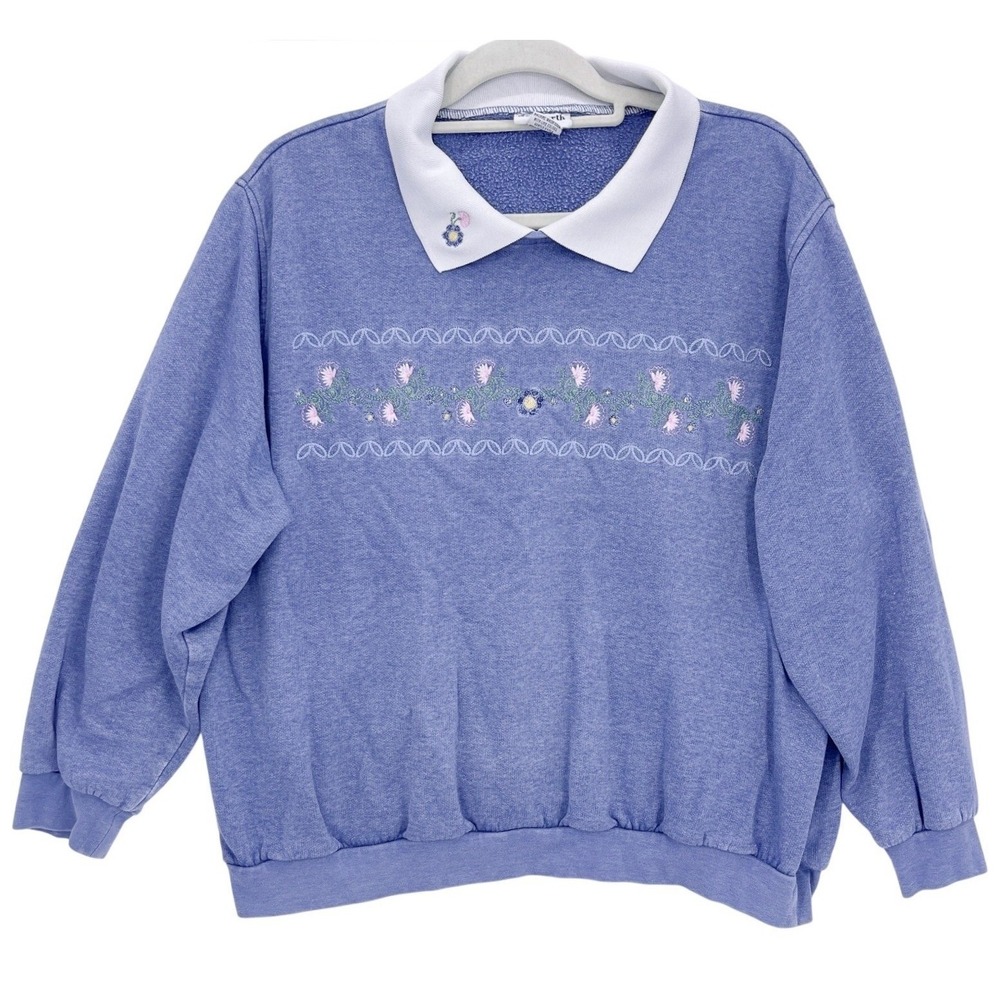 Vtg 90s Bon Worth Blue Sweatshirt XL Petite Floral Embroidered Contrast Collar